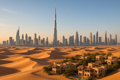 A panoramic view of Dubai's skyline with the Burj Khalifa, desert dunes, and luxury resorts.