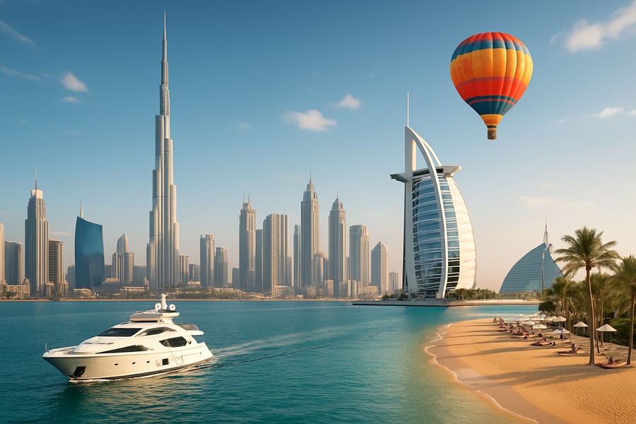 Dubai skyline with famous landmarks and luxury travel experiences